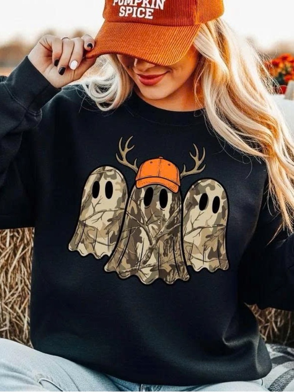 Black Sweatshirt with Camo Ghost Trio and Orange Cap